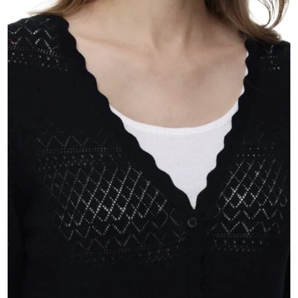 Frye Black Cotton Open Knit Cardigan Scalloped Edge Button Front XXL - Picture 6 of 10